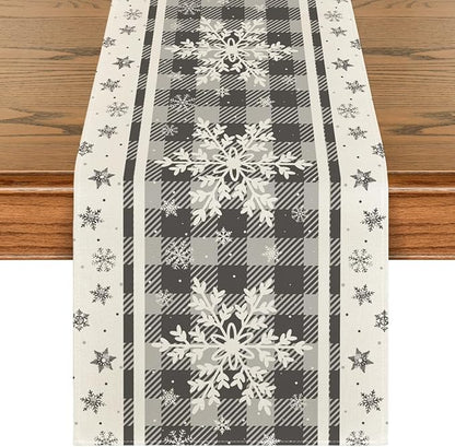 Artoid Mode Grey Buffalo Plaid Snowflakes Christmas Table Runner, Seasonal Winter Kitchen Dining Table Decoration for Home Party Decor 13x72 Inch
