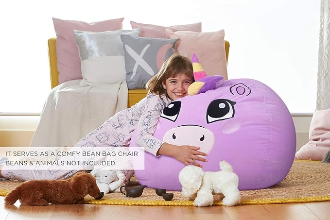 Aubliss Stuffed Animal Storage, Velvet Bean Bag Chairs Cover, Large 32" Ultra Soft Kids Toy Storage Organizer for Blankets Towels Clothes Home Supplies, Purple Big Eyes