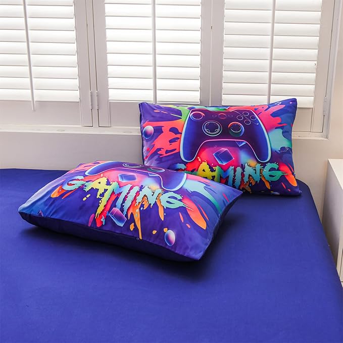 Aimuan Gamer Gaming Bedding Sets 3D Gamepad Comforter Sets for Boys Games Console Action Buttons Novelty Colorful Game Controller Modern Room Decor Home Quilt Set (Purple, Full 6PCS)