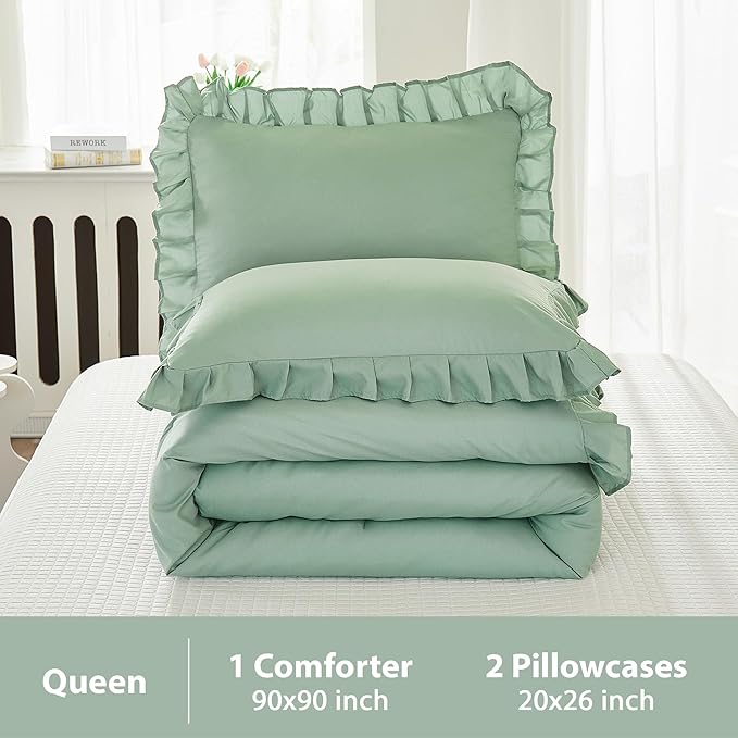 Andency Queen Size Comforter Set, Sage Green Ruffle Bedding Set, 3 Pieces Boho Comforter for Queen Bed, Farmhouse Ruffle Bed Comforter Set, Lightweight and Soft Bedding Comforter for All Seasons