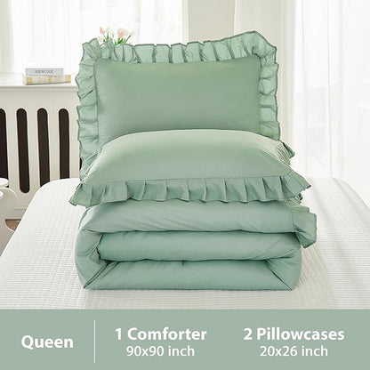 Andency Queen Size Comforter Set, Sage Green Ruffle Bedding Set, 3 Pieces Boho Comforter for Queen Bed, Farmhouse Ruffle Bed Comforter Set, Lightweight and Soft Bedding Comforter for All Seasons