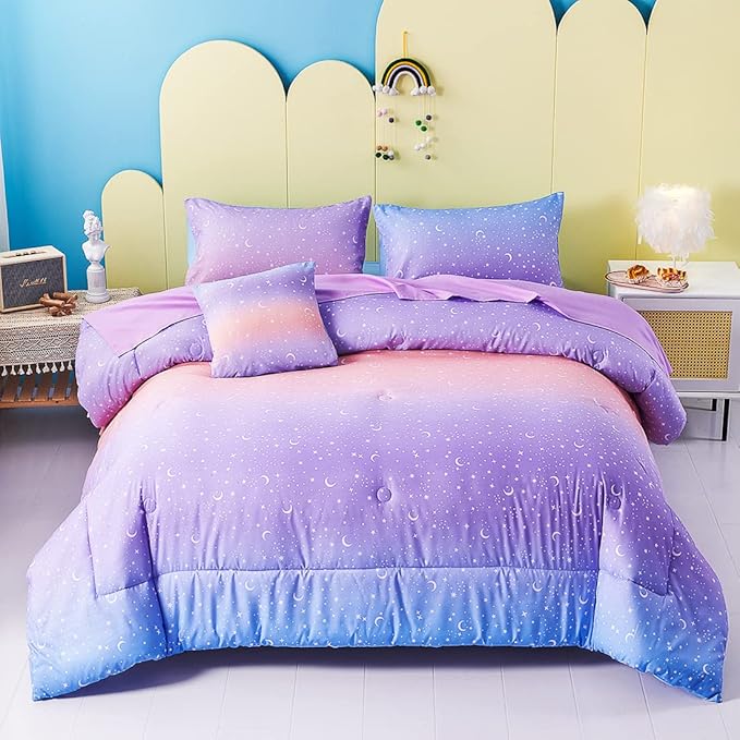 URBONUR Twin Comforter Set for Girls 6Pcs Gradient Purple Orange Blue Moon Star Printed Bed in a Bag Soft Breathable Bedding Set for All Season (Star, Twin Size)