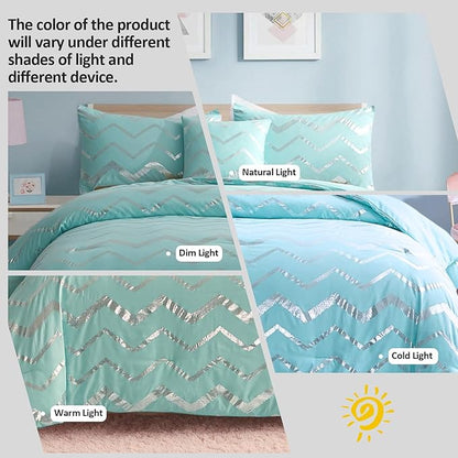 Aqua Comforter Set Twin Size, Metallic Teal and Silver Bedding Set, 3 Piece Lightweight Microfiber Comforter for Teen Girls Boys Women (1 Pillow Case + 1 Decorative Pillow Sham)