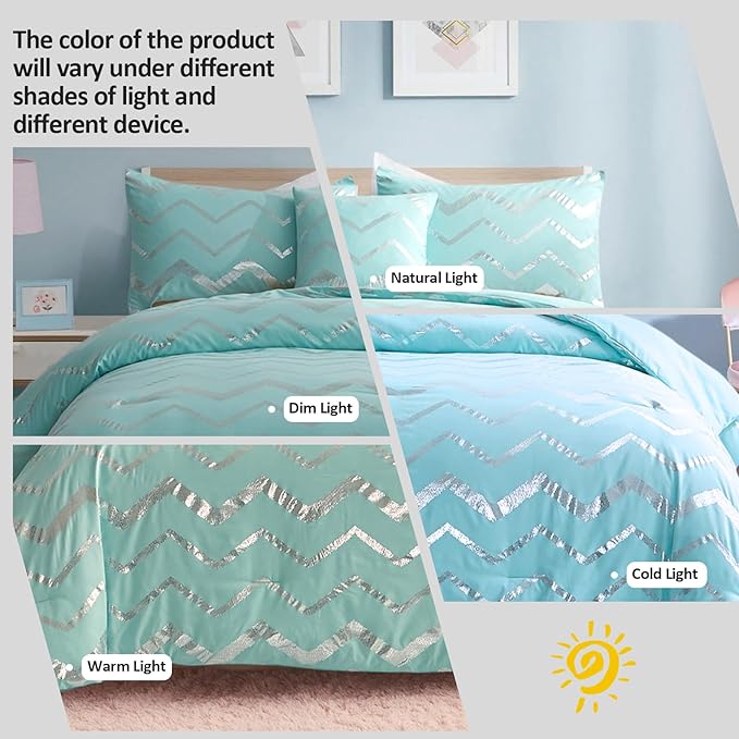 Aqua Comforter Set Queen Size Metallic Teal and Silver Bedding Set, 4 Piece Lightweight Microfiber Bed Set for Teen Girls Women (2 Pillow Shams + 1 Decorative Pillow Sham)