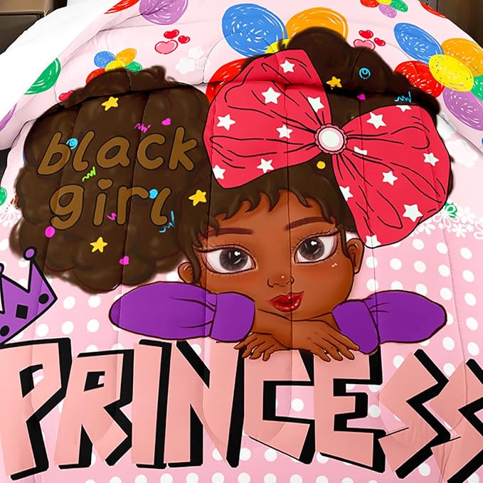Black Girl Queen Comforter Set Black African American Girls Queen Comforter Set Princess Queen Bedding Set Room Decor Black Girl Kids Queen Bedding Sets for Girls, 1 Comforter+2 Pillowcases