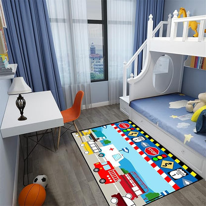 Cartoon Ambulance Car Area Rug Car Carpet for Kids Play Rug for Cars and Trucks Car Rug Play Mat Car Track Rug Truck Rugs for Boys Room Rugs for Boys Bedroom,Light Blue 2'5''×4'