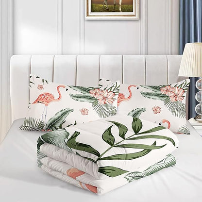 Flamingo Comforter Set Queen Size Tropical Flamingo Palm Tree Leaf Pattern Bedding Set Flower Quilted Duvet for Kids Girls Boys Adult with 1 Comforter and 2 Pillowcases