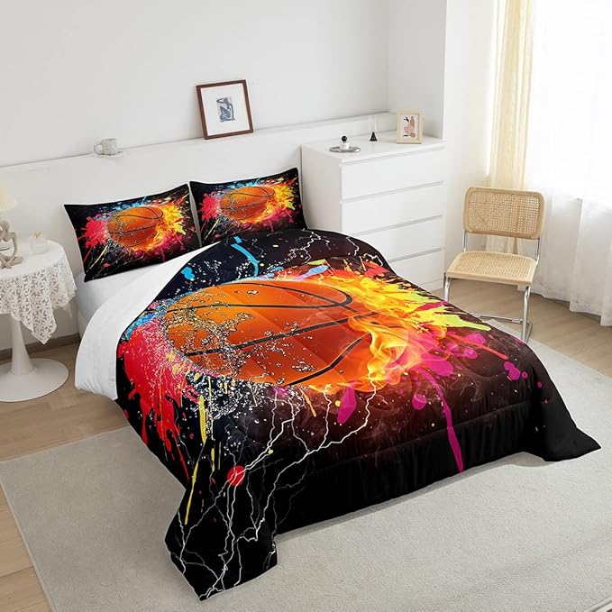 Teen Boys Basketball Bedding Set Twin Kids Sports Comforter Sets Soft Lightweight Bedroom Dorm Decor,Red Blue Fire And Water Lightning Ball Duvet Insert,Colorful Grunge Tie Dye Quilt Bedding 2 Pcs