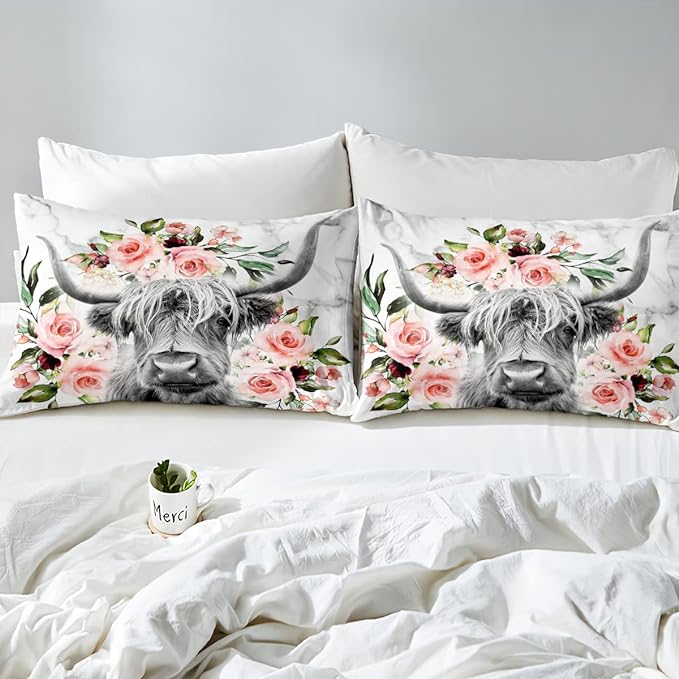 Erosebridal Highland Cow Flower Comforter Set Full Size Bull Cattle Western Funny Animal Bedding Set Wildlife Farmhouse Cow Quilt Set Rose Grey Marble