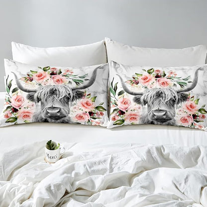Erosebridal Highland Cow Flower Comforter Set Queen Size Bull Cattle Bedding Set Western Funny Animal Bedding Set Wildlife Farmhouse Cow Quilt Set Rose Grey Marble Comforter Set