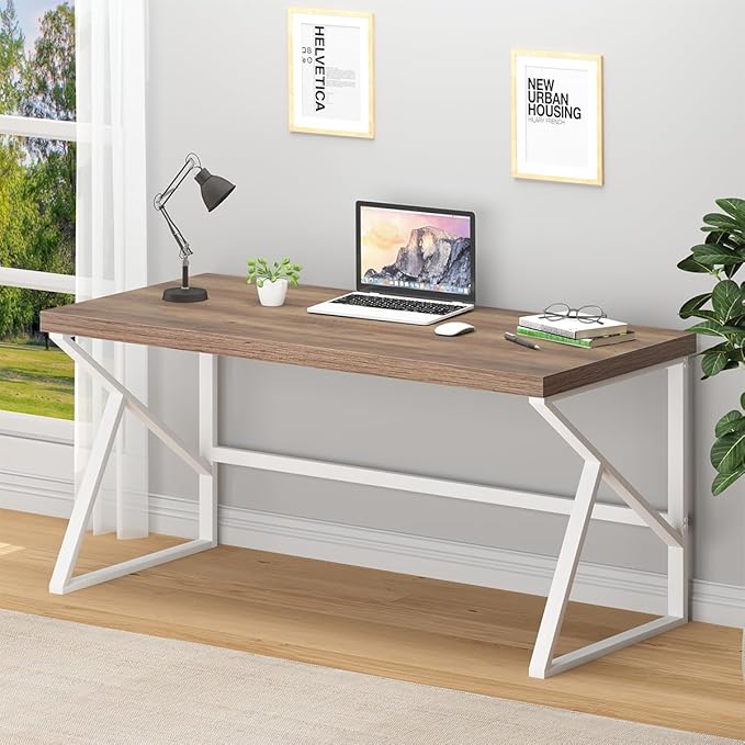 HSH Farmhouse Computer Desk, Large Home Office PC Desk, Modern Simple Metal Wood Desk Workstation for Executive Writing Study, Rustic Long Bedroom Living Room Table, White and Rustic Oak, 60 Inch