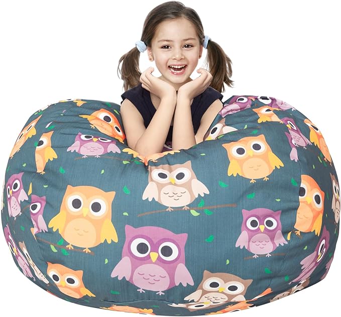 Stuffed Animal Storage Bean Bag Chair Cover, Hold Kids Plush Toys Blankets Towels Beanbag (Cover Only), Canvas Floor Circle Stuff Sit Seat Sofa with YKK Zipper, Extra Large 38", Owl