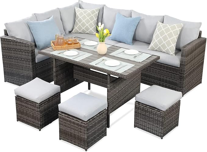 7 Piece Wicker Rattan Outdoor Dining Set with Dining Table and Ottomans, Patio Table and Chairs Set