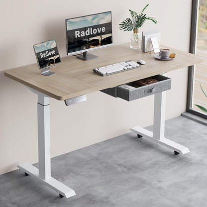 Radlove Dual Motors Height Adjustable 55 x 30'' Electric Standing Desk with Drawer Stand Up Table 4 Memory Keys, Computer Desk with Splice Board Home Office Desk, Oak Top + White Frame