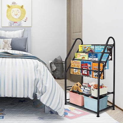aboxoo Metal Kids Bookshelf Black Toy Chests & Organizers Large Freestanding for Children Toy Chests & OrganizersRoom 25 in Toy Organizer Large Stable Bookcase Bookstore Library Bed Living Room