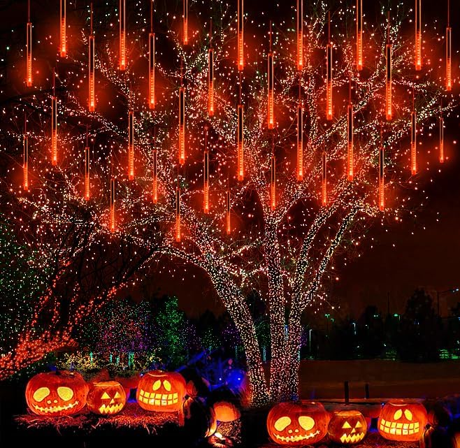 Halloween Decorations Outside, Kwaiffeo Waterproof Orange Meteor Shower Lights for Halloween Decorations Outdoor, 8-Tube Falling Rain Lights for Fall Decor Autumn Decoration Thanksgiving Yard, UL Plug