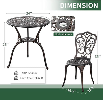 3 Piece Patio Set Metal Bistro Set,Cast Aluminum Outdoor Bistro Table and Chairs Set of 2 with Umbrella Hole,All Weather Patio Bistro Sets for Front Porch Set Garden,Backyard(Bronze)