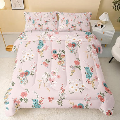 Floral Comforter Full Size,Pink Floral Kids Comforter Set,3Pcs Bedding Set Printed Comforter with 2 Pillowcases,Down Alternative,Soft and Lightweight,for All Seasons