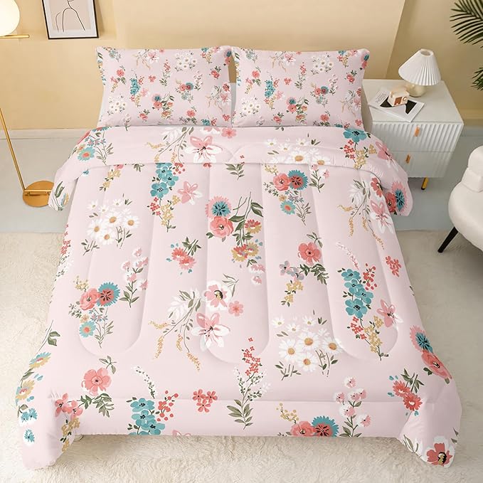 Floral Comforter Twin Size,Pink Floral Kids Comforter Set,3Pcs Bedding Set Printed Comforter with 2 Pillowcases,Down Alternative,Soft and Lightweight,for All Seasons