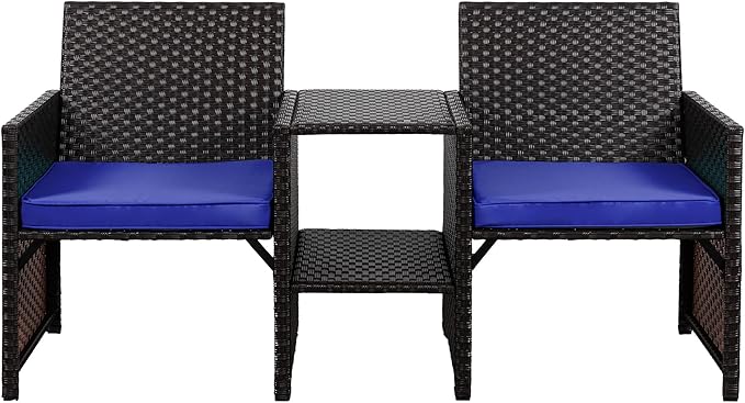Shintenchi Wicker Patio Conversation Furniture Set with Detachable Chairs & Table and Two Removable Cushions,Rattan Wicker Lover Chair for Patio,Garden, Courtyard and Lawn Backyard (Deep Blue)