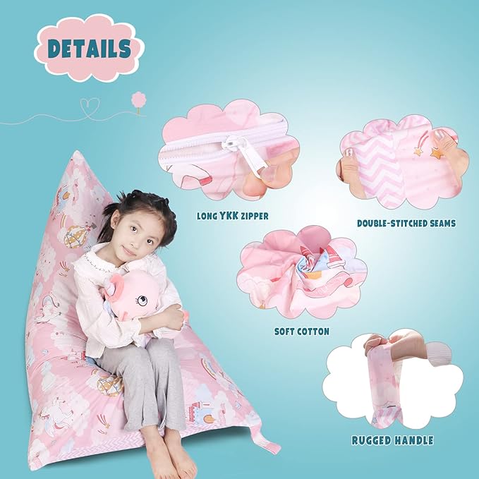 Stuffed Animal Storage Bean Bag Chair Cover, Cotton Pink Unicorn Plush Toy Storage Stuff and Sit Seat for Kids/Teens/Adults, 52" x 31" Extra Large Triangle Floor Sofa, 200L/52Gal, Cover Only