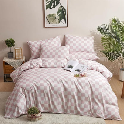 Pink White Grid Comforter Set King Pink Plaid Bedding Set Women Pink and White Checkered Bed Comforter Set Breathable Blanket Set Men Durable Bedding Comforter Set