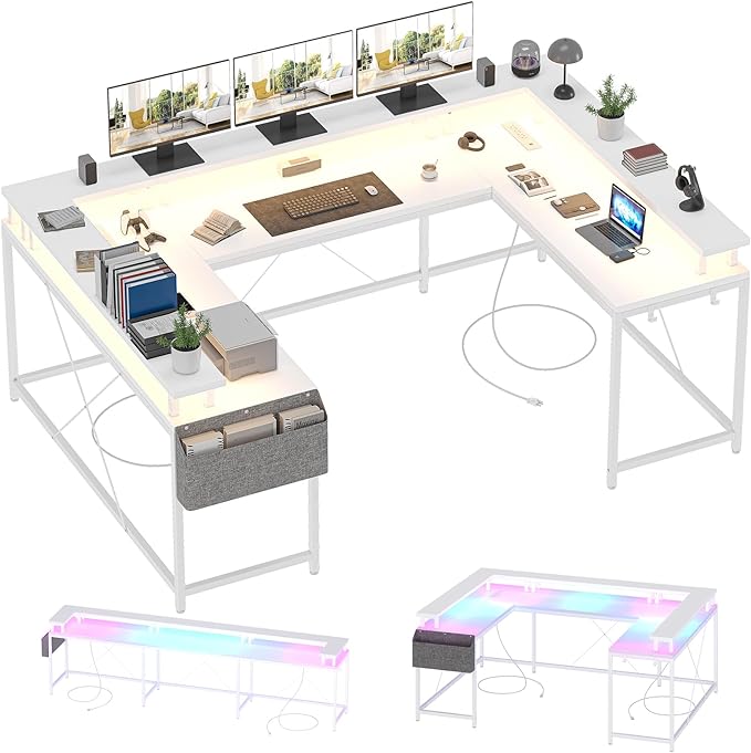 U Shaped Computer Gaming Desk, Reversible L Shaped Desk with Power Outlets, LED Strip & Monitor Stand, Large Corner Desk with Storage Shelves for Home Office, White