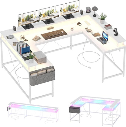 U Shaped Computer Gaming Desk, Reversible L Shaped Desk with Power Outlets, LED Strip & Monitor Stand, Large Corner Desk with Storage Shelves for Home Office, White