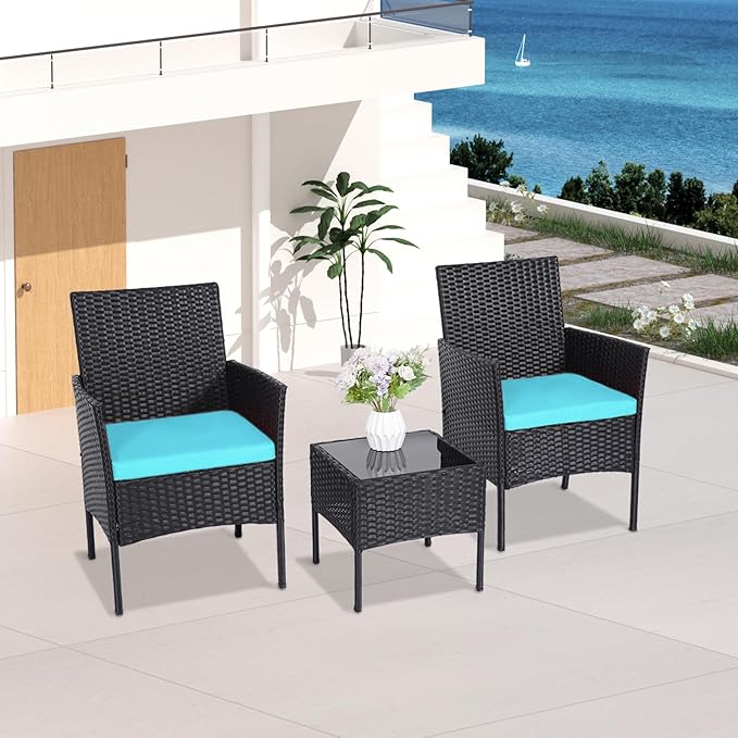Patio Furniture Set 3 Pieces All-Weather Rattan Outdoor Furniture Patio Chairs with Tempered Glass Table for Porch Bistro Balcony Bistro Set(Black/Blue)