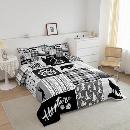 Deer Bear Comforter Set Queen Size,Pine Trees Christmas Bedding Set for Kids Boys Girls Adults Room Decor,Camping Adventure Rustic Farmhouse Down Comforter,Black Retro Duvet Insert,2 Pillowcases