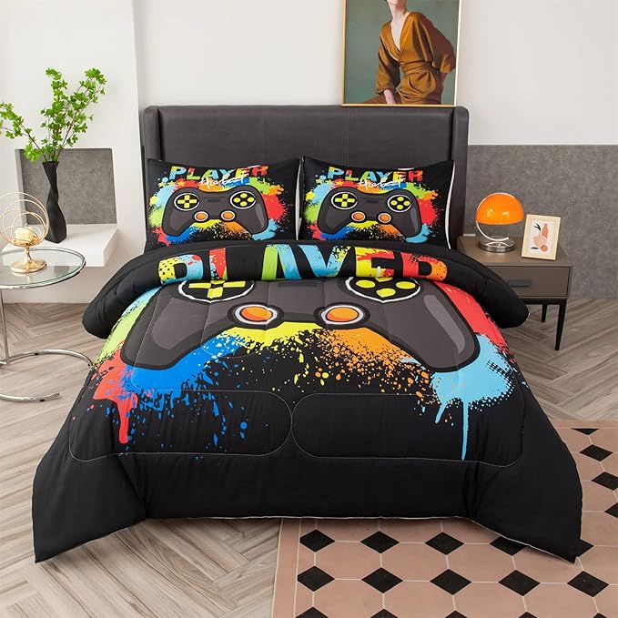 Game Console Comforter Set for Boys Colorful Graffiti Gaming Lightweight Microfiber Bedding Sets Modern Gamer Duvet for All Season Teens Bedroom Decor