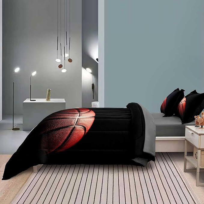 Teenage Boy Bedding Sets Full Size 5 Pieces Basketball Comforter Set for Boys Bed in a Bag Set, Basketball Bedding Full, Red Black