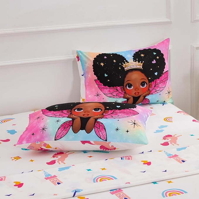 A Nice Night Black Girl Princess with Wings Comforter Set,Pink Gradient Glitter Rainbow Galaxy 6pcs Kids Bedding Set,Full