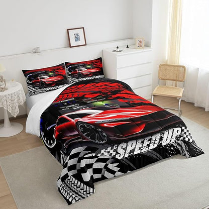 Feelyou Kids Boys Girls Red Race Car Comforter Set Full Size, Sports Car Comforter Comforter Set for Teens Toddler Race Car Bedding Set Racing car Duvet Set Bed Set Room Decor Bedding Collection