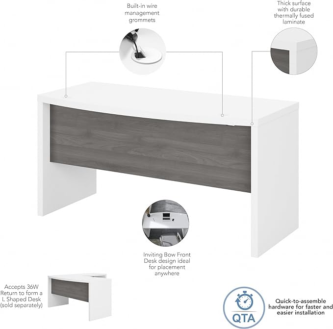 Bush Business Furniture Echo Bow Front Desk, 60W, Pure White and Modern Gray