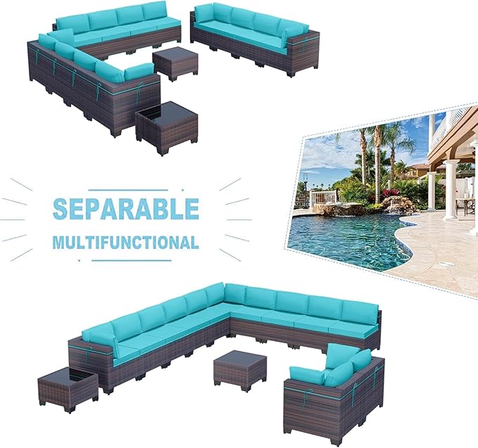 Kullavik 14PCS Outdoor Patio Furniture Set PE Wicker Rattan Sectional Sofa Patio Conversation Sets,Blue