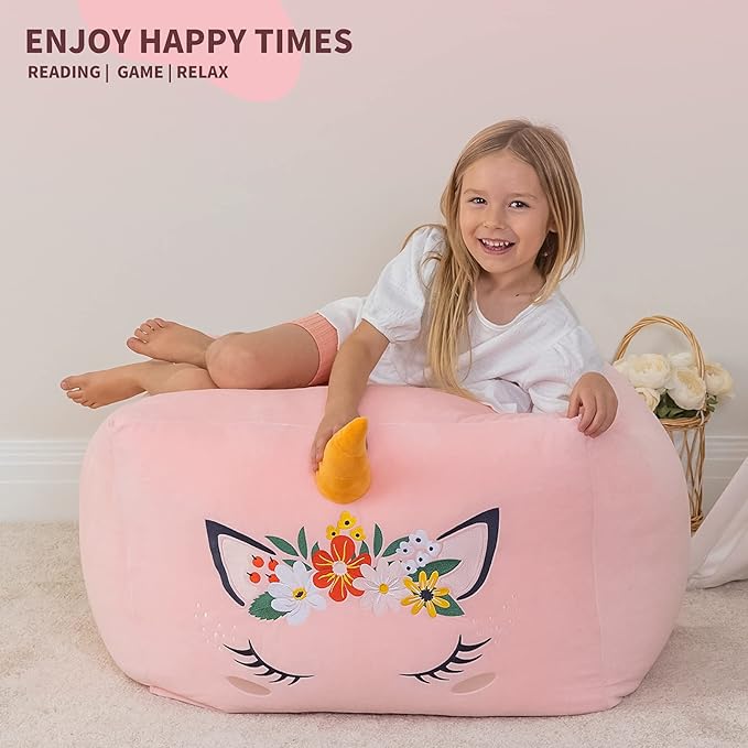 Aubliss Unicorn Stuffed Animal Storage Bean Bag Chair for Kids, Velvet Extra Soft Beanbag Chairs Cover, X-Large Stuffable Zipper Bean Bag for Organizing Plush Toys Girls Bedroom Decor, Pink Floral