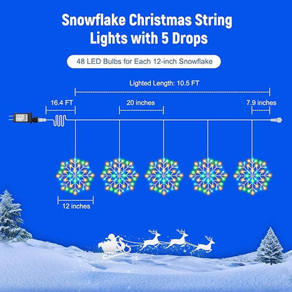 Christmas Snowflake Icicle Lights Outdoor - Plug-in 10.5ft 5 Drops 240LED Snowflake Window Lights with 8 Modes, Hanging Lights for Indoor Outdoor Porch Eaves Rooftops Christmas Decor, Multicolor