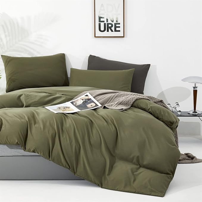 Olive Green Comforter Set Cal King Size Solid Green Comforter 3 Pieces Soft Dark Green California King Comforter Bedding Set Women Pure Olive Green Cal King Bed Comforter Set for All Season