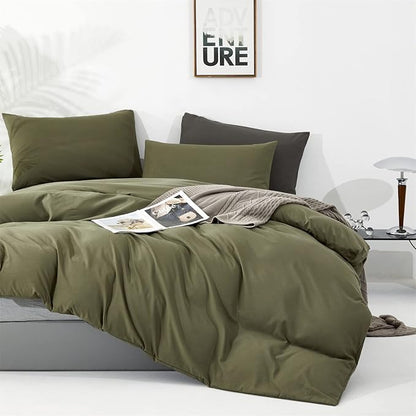 Olive Green Comforter Set Queen Size Solid Green Comforter 3 Pieces Soft Dark Green Queen Comforter Bedding Set Women Pure Olive Green Queen Bed Comforter Set for All Season as Gift
