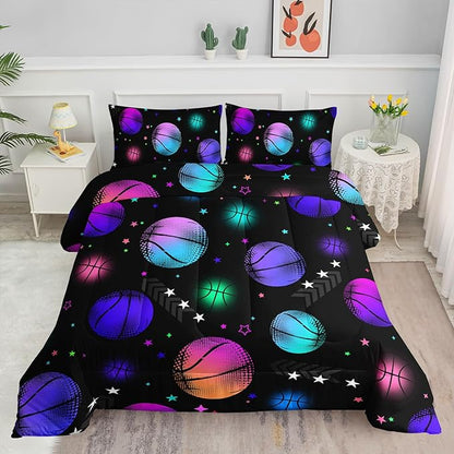Datura home Kids Comforter Set Glowing Basketball Printed Pattern Bedding Set with 1 Comforter and 2 Pillowcases for Girls Boys Bedroom All Season(Basketball1 Twin)