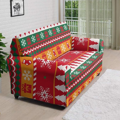 FKELYI Red Christmas Sofa Furniture Protector Easy Going Stretch Sofa Slipcover Comfortable Sofa Couch Cover with Elastic Bottom L