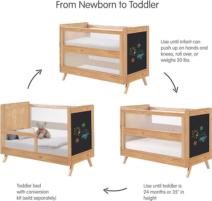 BreathableBaby Breathable Mesh 3-in-1 Convertible Crib (Toddler Bed Kit Sold Separately) — Beech & Chalkboard — Two Adjustable Mattress Heights — Greenguard Gold Certified