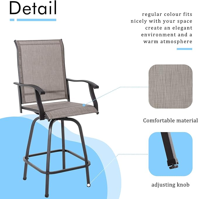 Shintenchi Patio Swivel Bar Set, All Weather Textile Fabric Outdoor High Stool Bistro Set with 2 Bar Chairs and Glass Table for Home, Backyard, Garden, Lawn, Porch (Brown), 3 Pieces