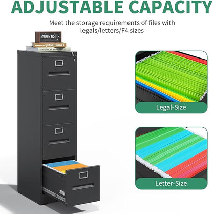 4 Drawer File Cabinet,Metal Filing Cabinets with Lock,Black Vertical File Cabinet for Home Office,Heavy Duty Metal Storage Cabinet for A4/Letter/Legal Size File,Assembly Required