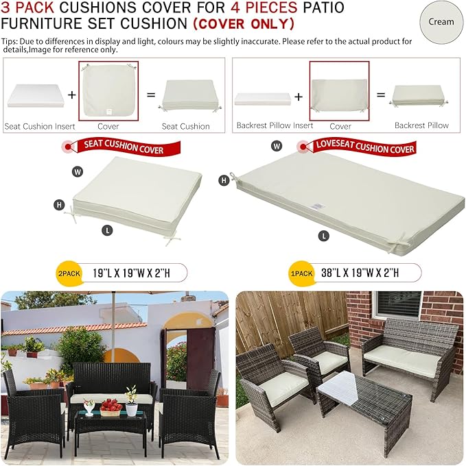 ClawsCover 3Pack Outdoor Seat Cushions Replacement Covers Fit for 4 Pieces Wicker Rattan Furniture Patio Conversation Set Loveseat Chair,38x19x2,19x19x2,Cream-Large (Include Cover Only)
