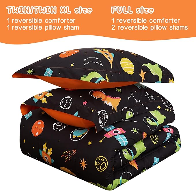 Space Dinosaur Kids Comforter Set for Boys Twin, Cute Reversible Quilted Black Printed Bedding Set with Pillow Sham, Lightweight Soft Breathable Machine Washable Bed Set 2 Piece