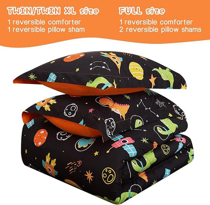 Space Dinosaur Kids Comforter Set for Boys Twin, Cute Reversible Quilted Black Printed Bedding Set with Pillow Sham, Lightweight Soft Breathable Machine Washable Bed Set 2 Piece