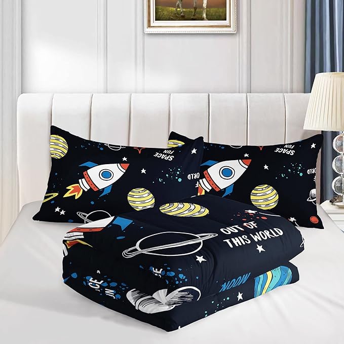 Datura home Space Ship Galaxy Comforter Set Astronaut Rocket Printed Quilt Bedding with 1 and 2 Pillowcases for Boys Girls Bedroom All Season(Space Full), A-space, Full 80x90inches