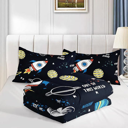 Datura home Space Ship Galaxy Comforter Set Astronaut Space Rocket Printed Quilt Bedding Set with 1 Comforter and 2 Pillowcases for Boys and Girls Bedroom All Season(Space Twin)